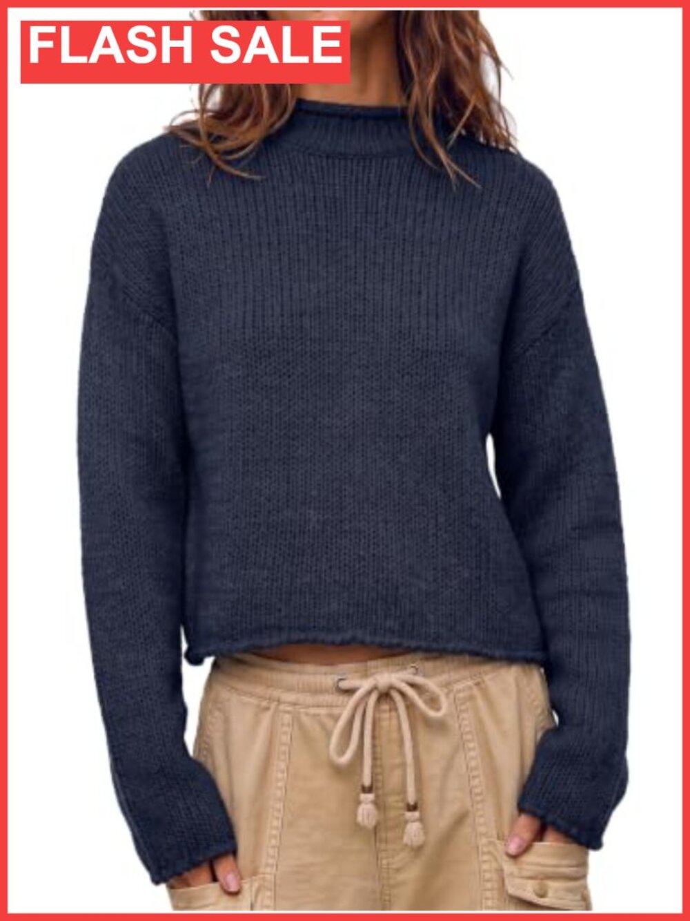 Striped Sweater Rolled Mock Neck Cropped Chunky Knit Pullover Fall Winter